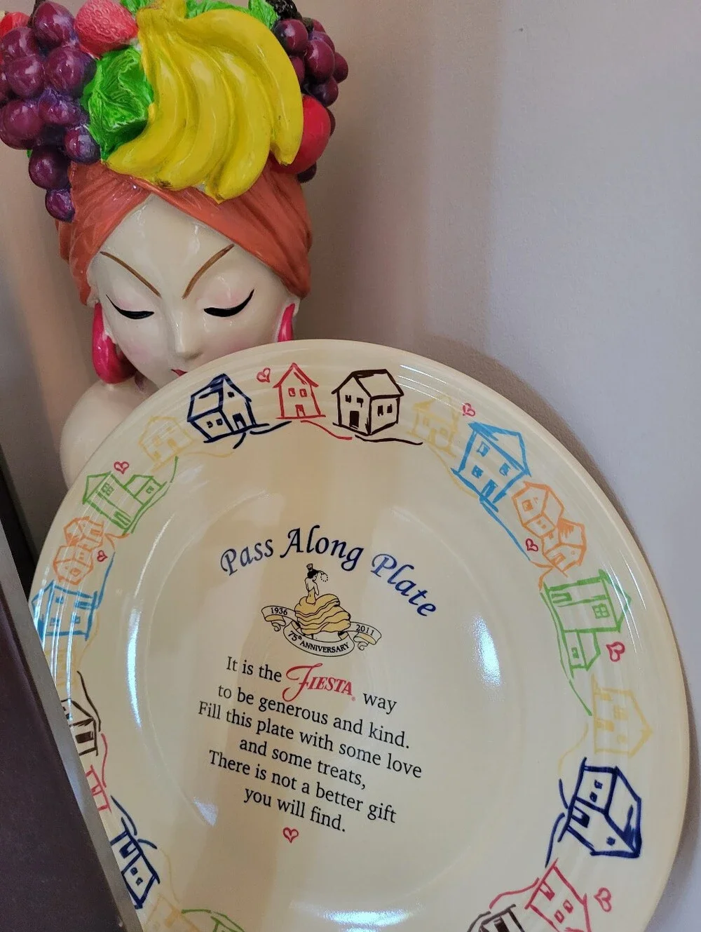 Fiesta Pass Along Plate Ivory 75th Anniversary Multi-Color Houses Dancing Lady